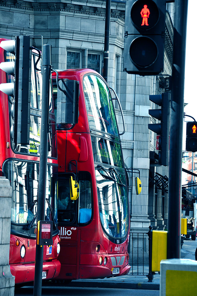 bus waiting on the red light